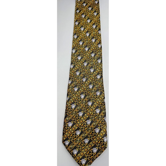 Versace Men's Tie Small Medusa Head & Scroll Pattern / Black And Gold Italy